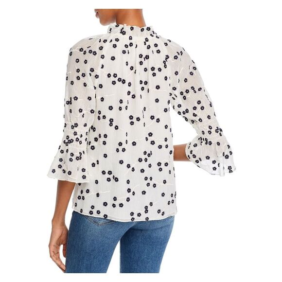 NWT REBECCA TAYLOR Womens Ivory Ruffled Sheer 3/4 Sleeve Split Blouse XS - Picture 2 of 3